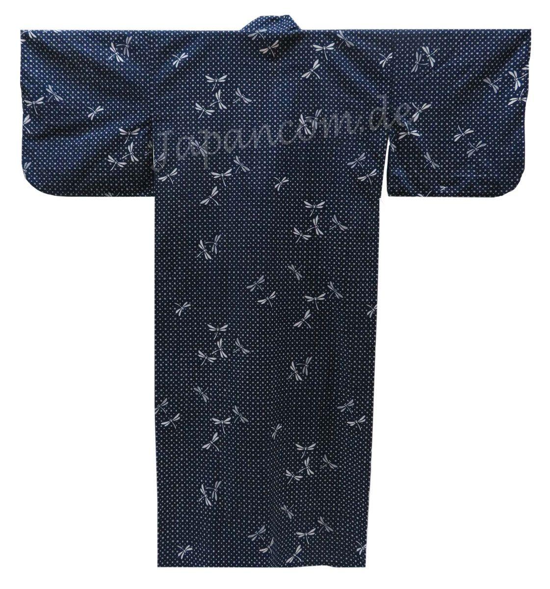 Schnittansicht des langen dunkelblauen Yukata mit weißen Libellen