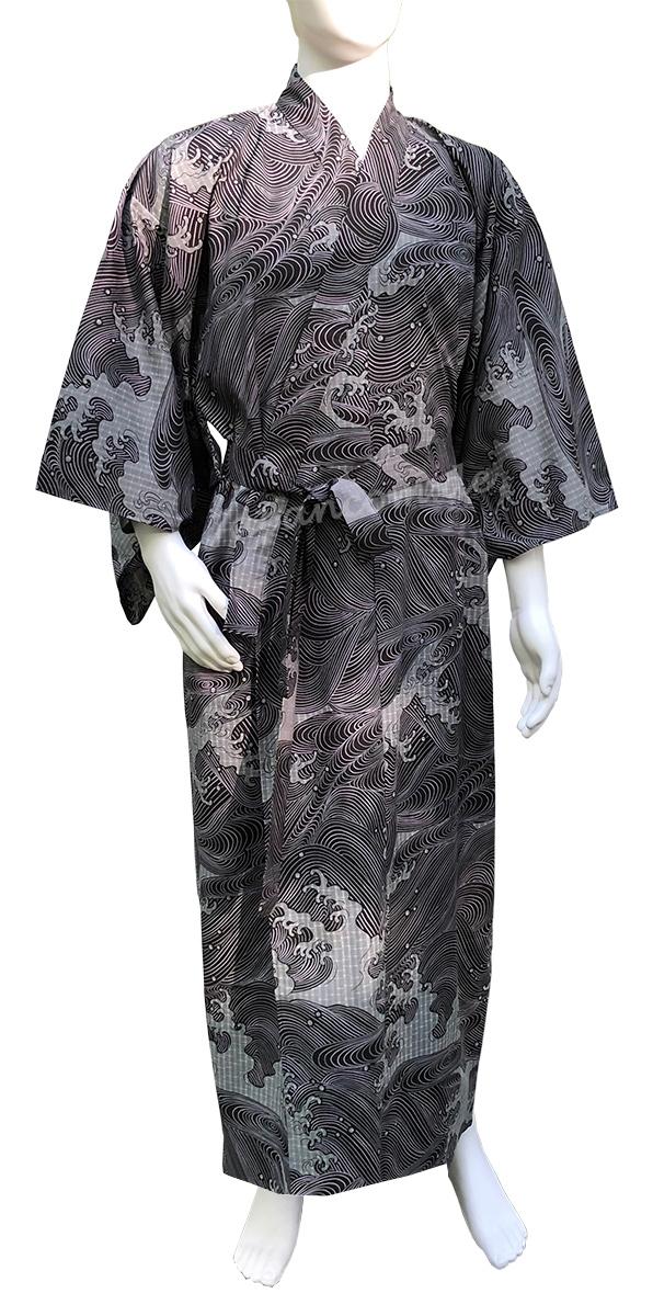 Schwarzer Baumwoll-Yukata mit Ukiyo-e Wellenmotiv aus Japan