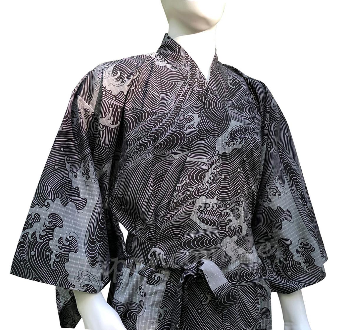 Herren Yukata Kimono Wellen Schwarz im japanischen Stil