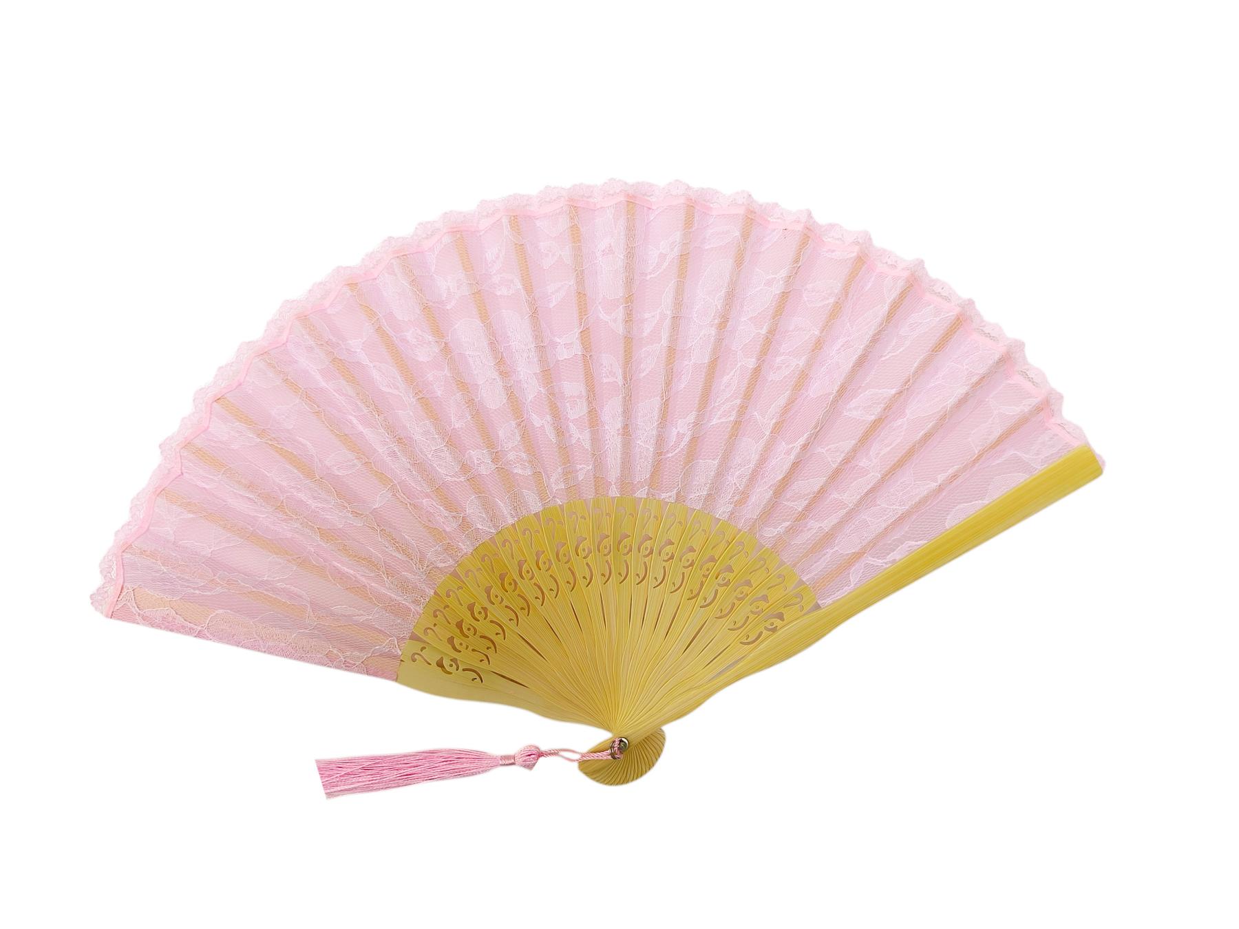Eleganter Fächer aus Bambus mit rosa Spitze und Lochmuster