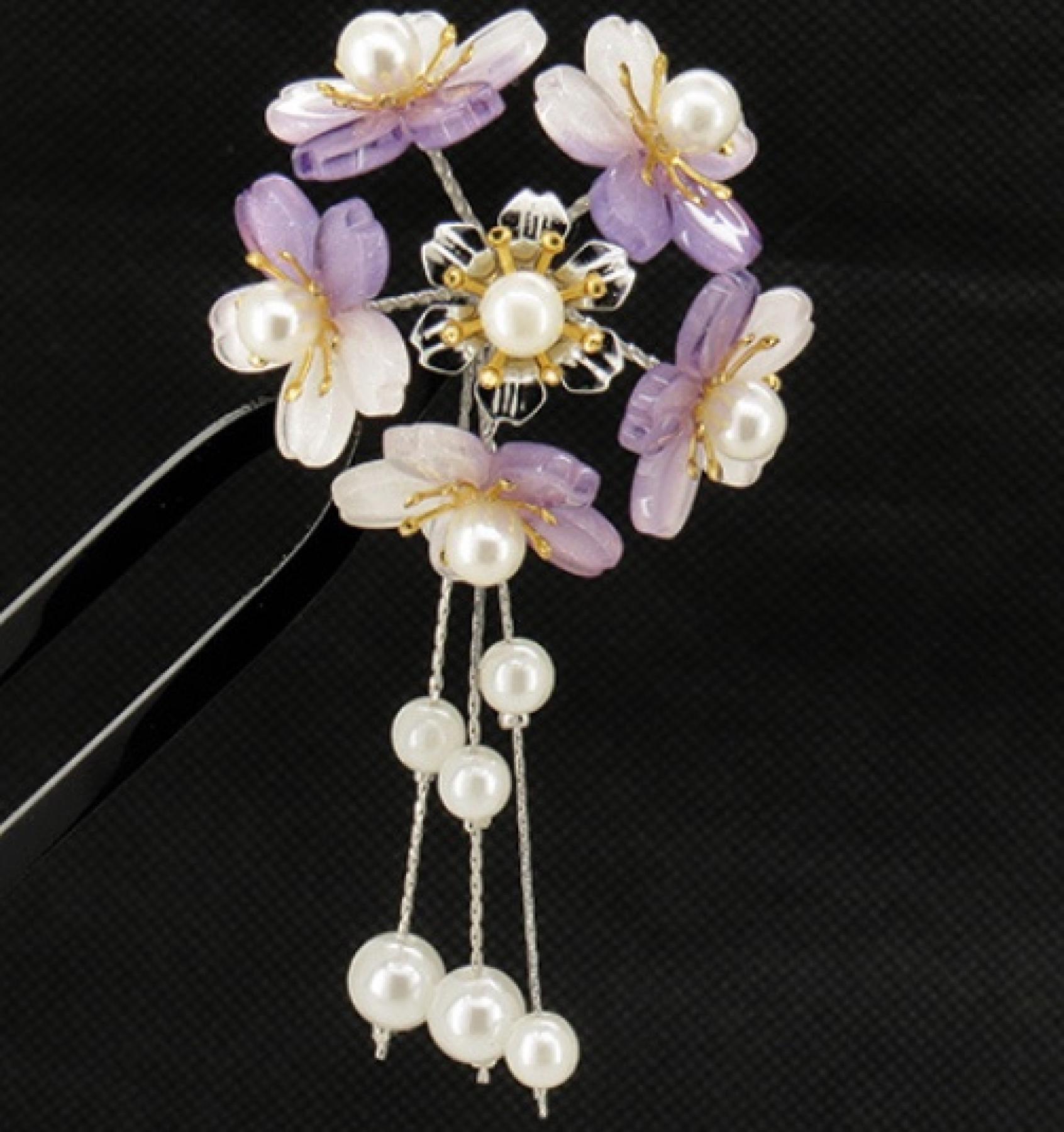 Haarnadel Sakura 6 Blüten violett U-Form
