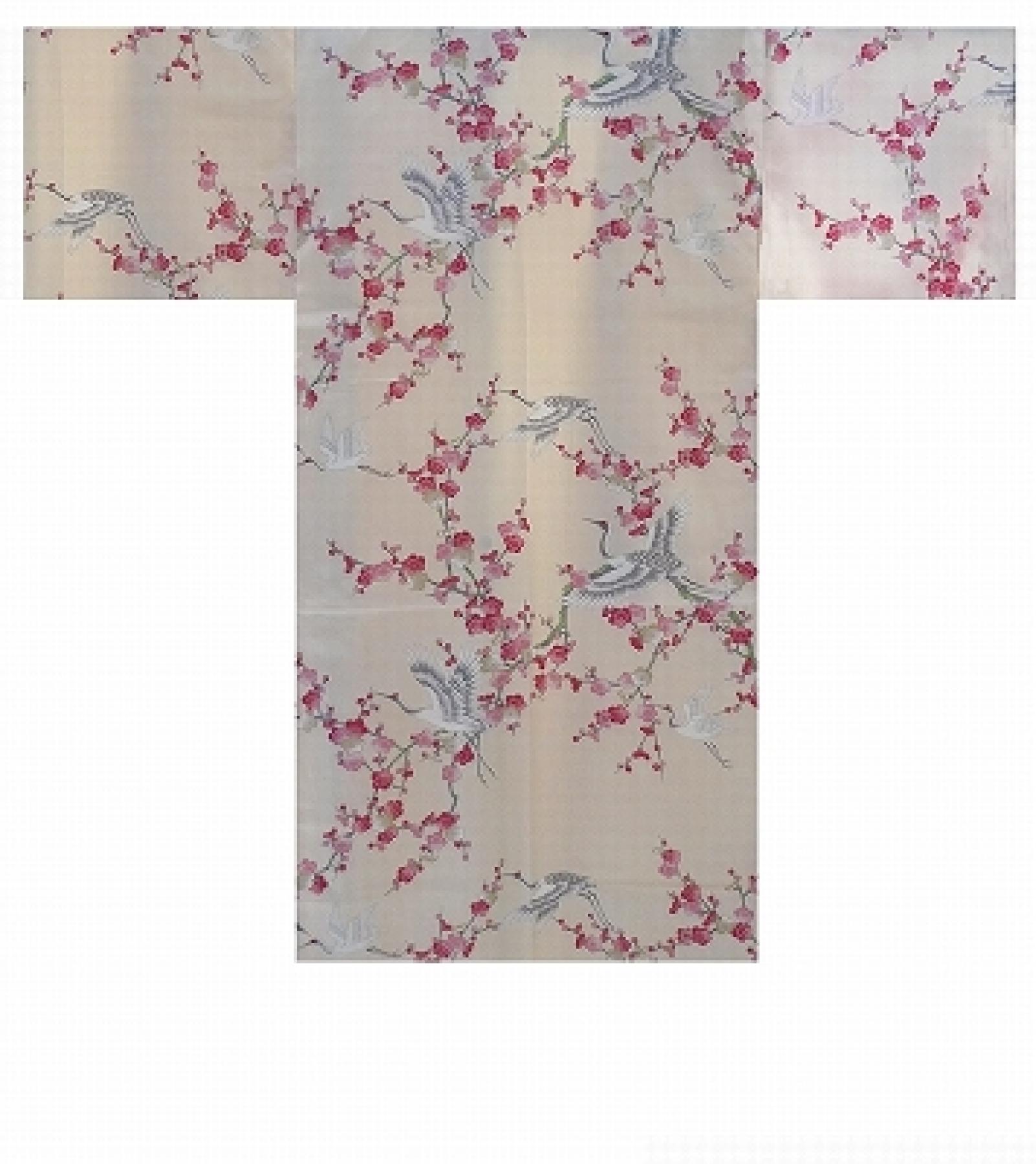 Seidenkimono Kraniche und Kirschblüten perlweiss, kurz