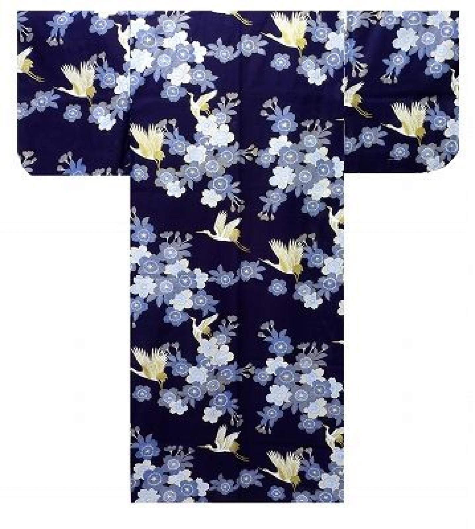 Damen Yukata Kimono Kirschblüten und Kraniche dunkelblau