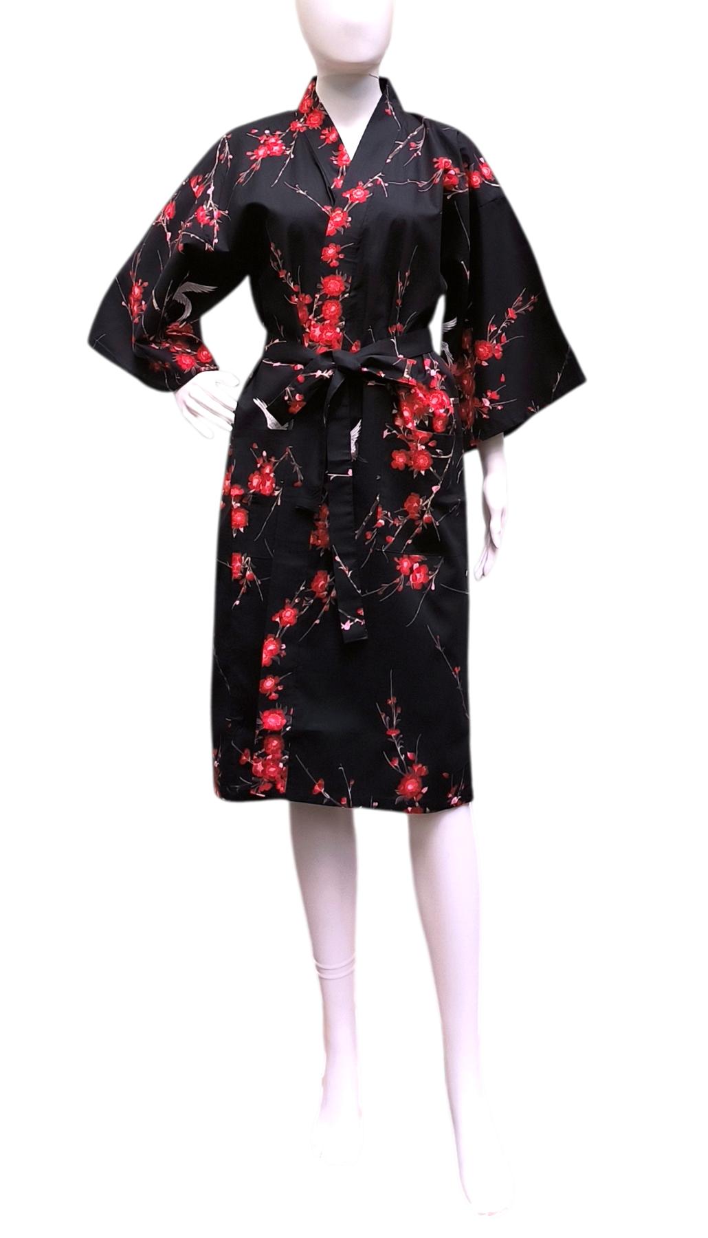 Schwarzer Damen Kimono mit Kirschblütenmotiv