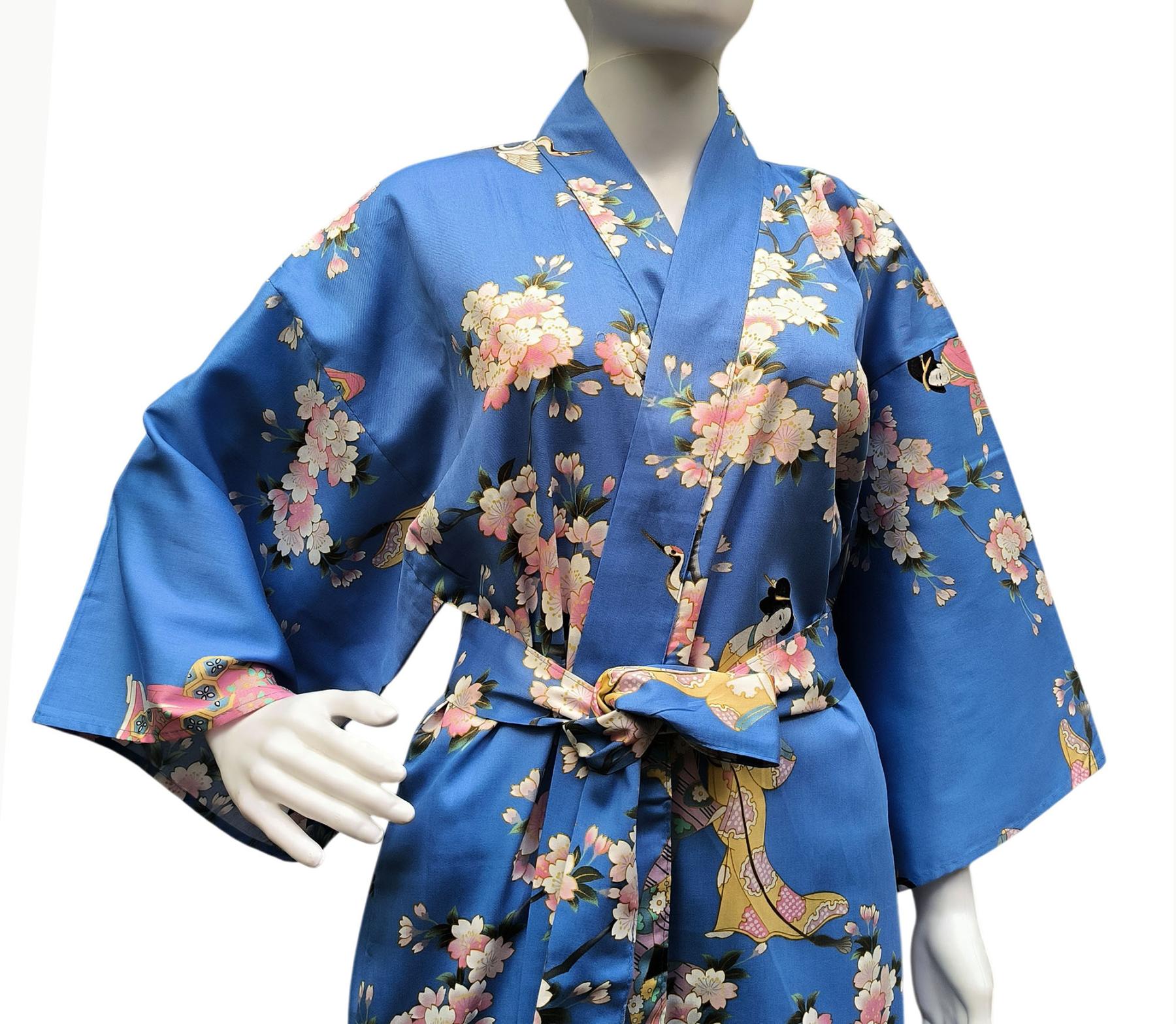 Blauer kurzer Damen Happi mit aufwendigem Kimonodruck aus Japan