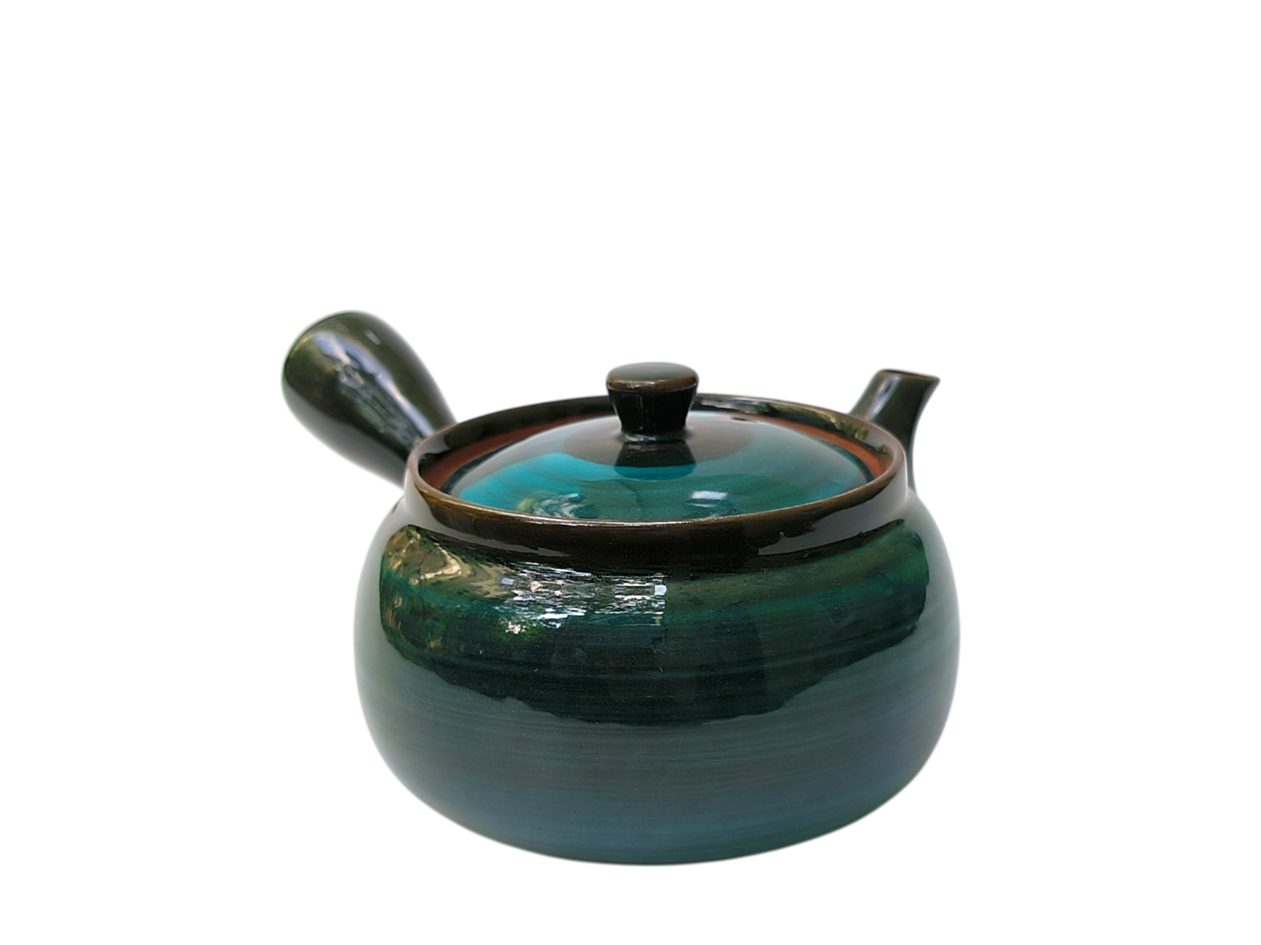 Kyusu aus rotem Ton mit grüner Glasur und 360 ml Fassungsvermögen