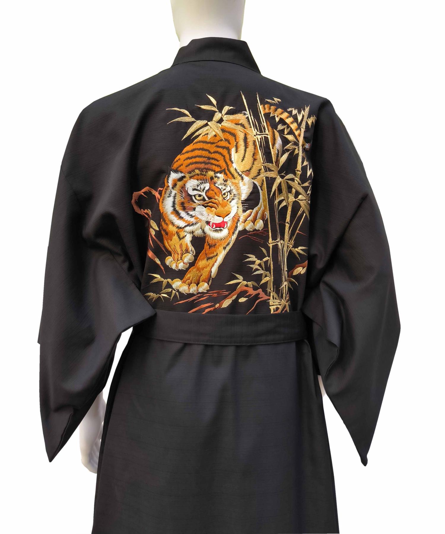 Herren Kimono Tiger Bambus Tsumugi schwarz