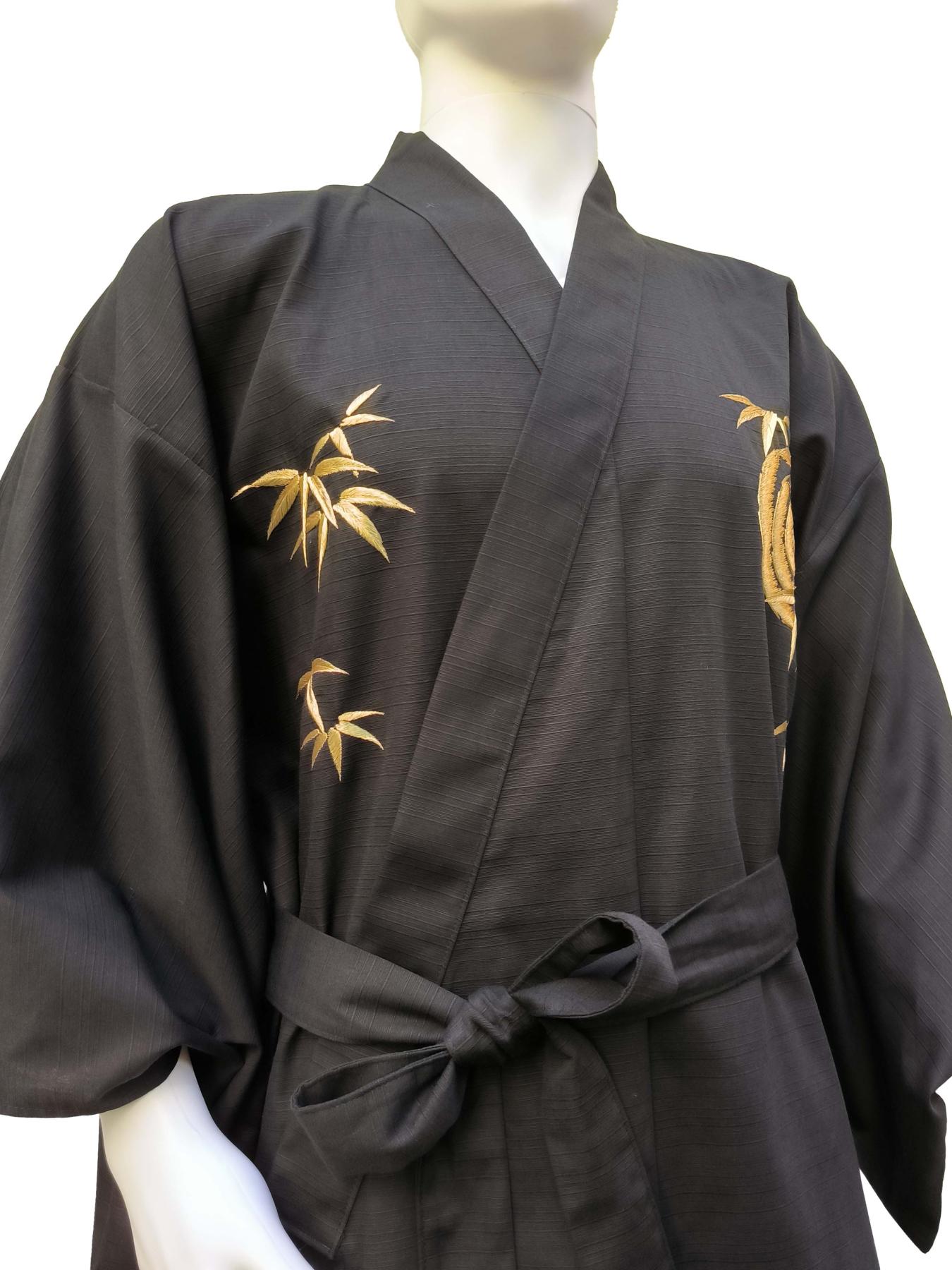 Herren Kimono Tiger Bambus Tsumugi schwarz