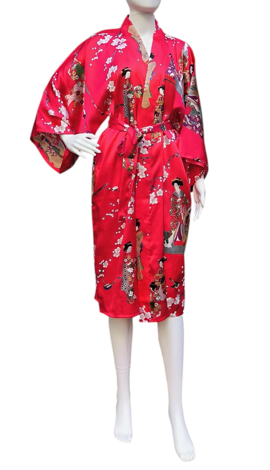 Seidenkimono Morgenmantel Kirschblütenfest rot