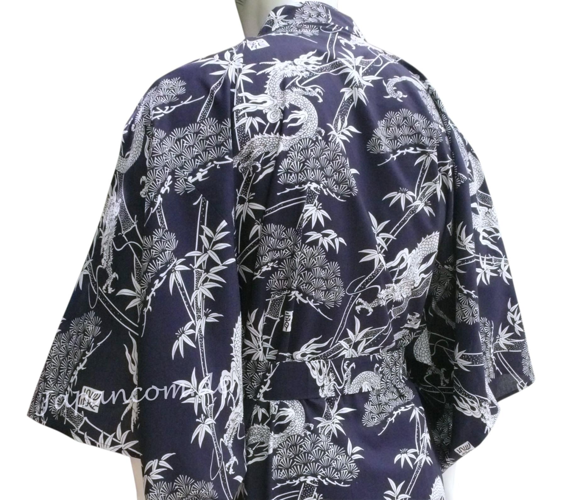 Japanischer Herren Kimono Yukata blau mit großem Drachenmotiv