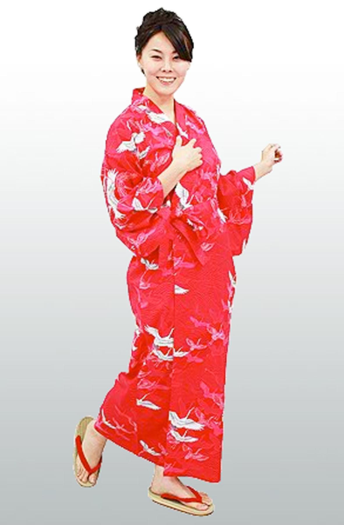 Damen Yukata Kimono Kranich über Wellen rot