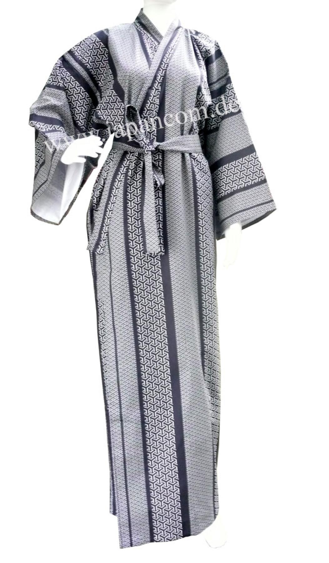 Yukata Kimono Japanisches Muster grau-schwarz XXL gefüttert