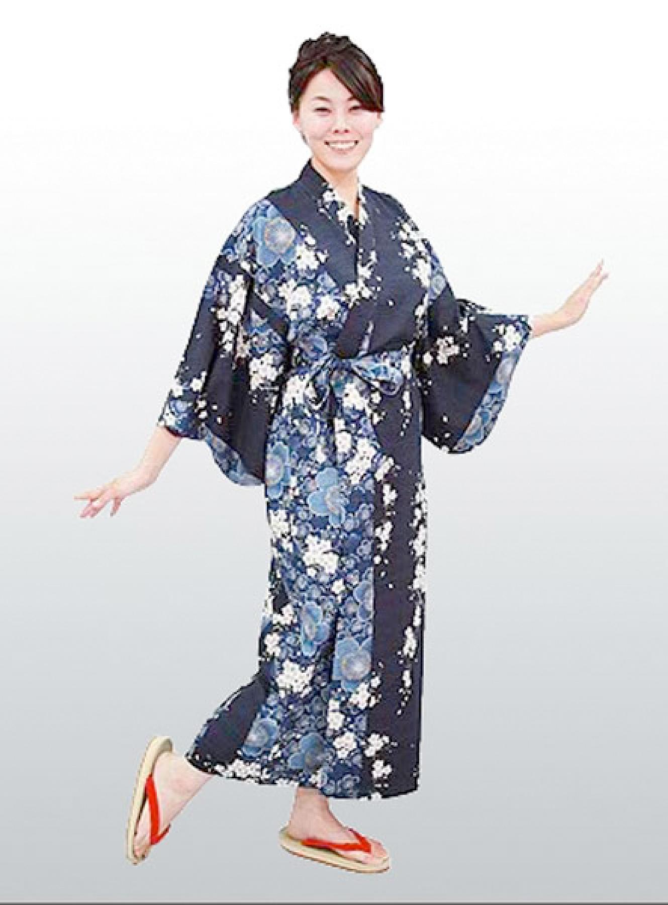 Damen Kimono Sakura Kirschblüte blau, lang