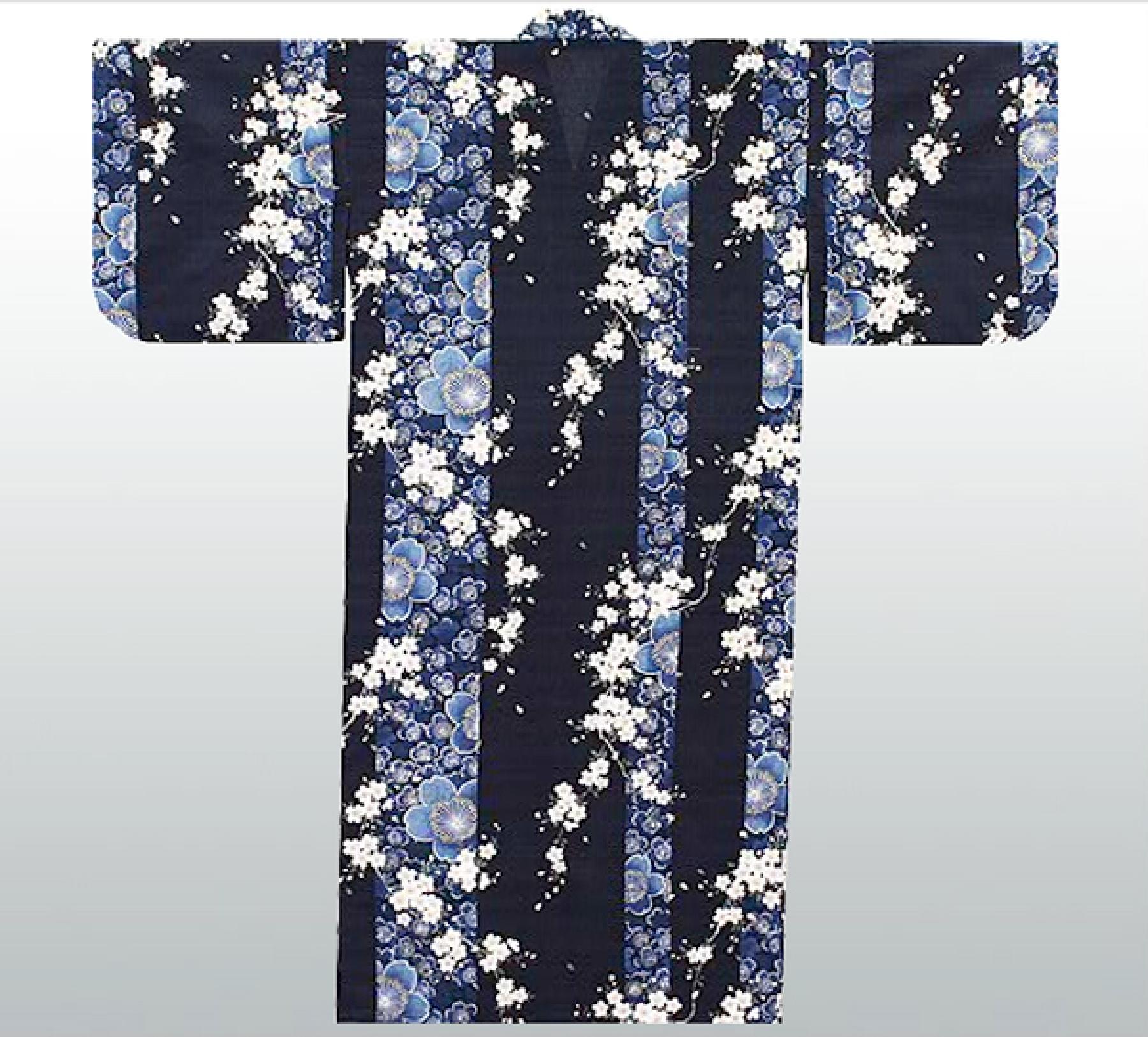 Damen Kimono Sakura Kirschblüte blau, lang
