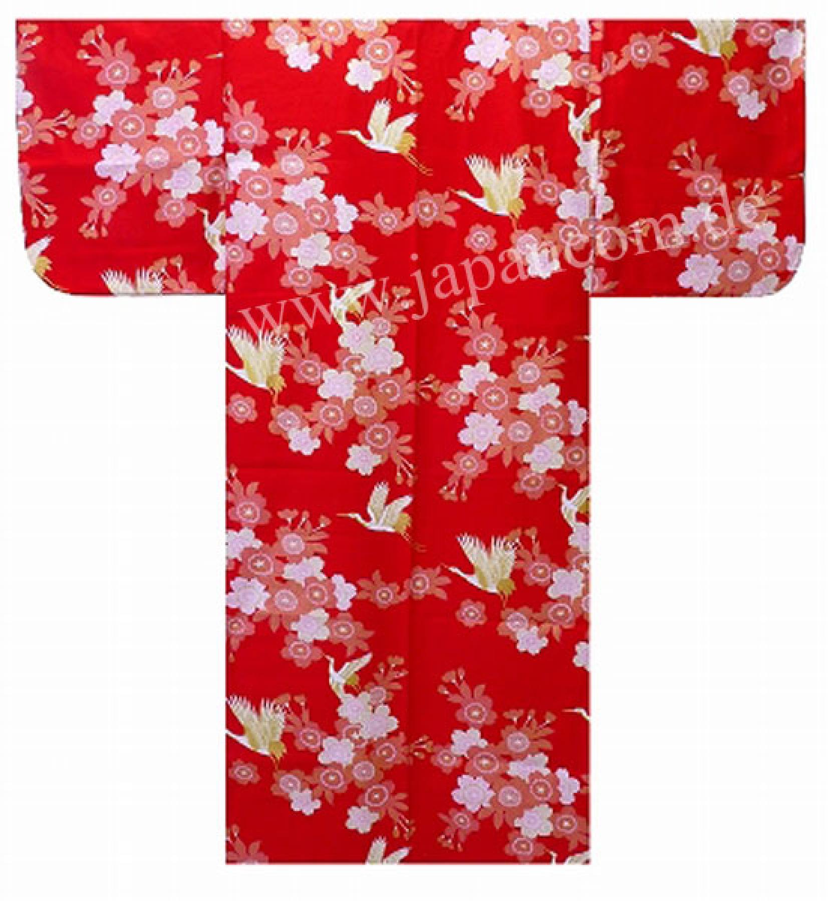 Kimono Kirschblüten & Kraniche rot Gr.S