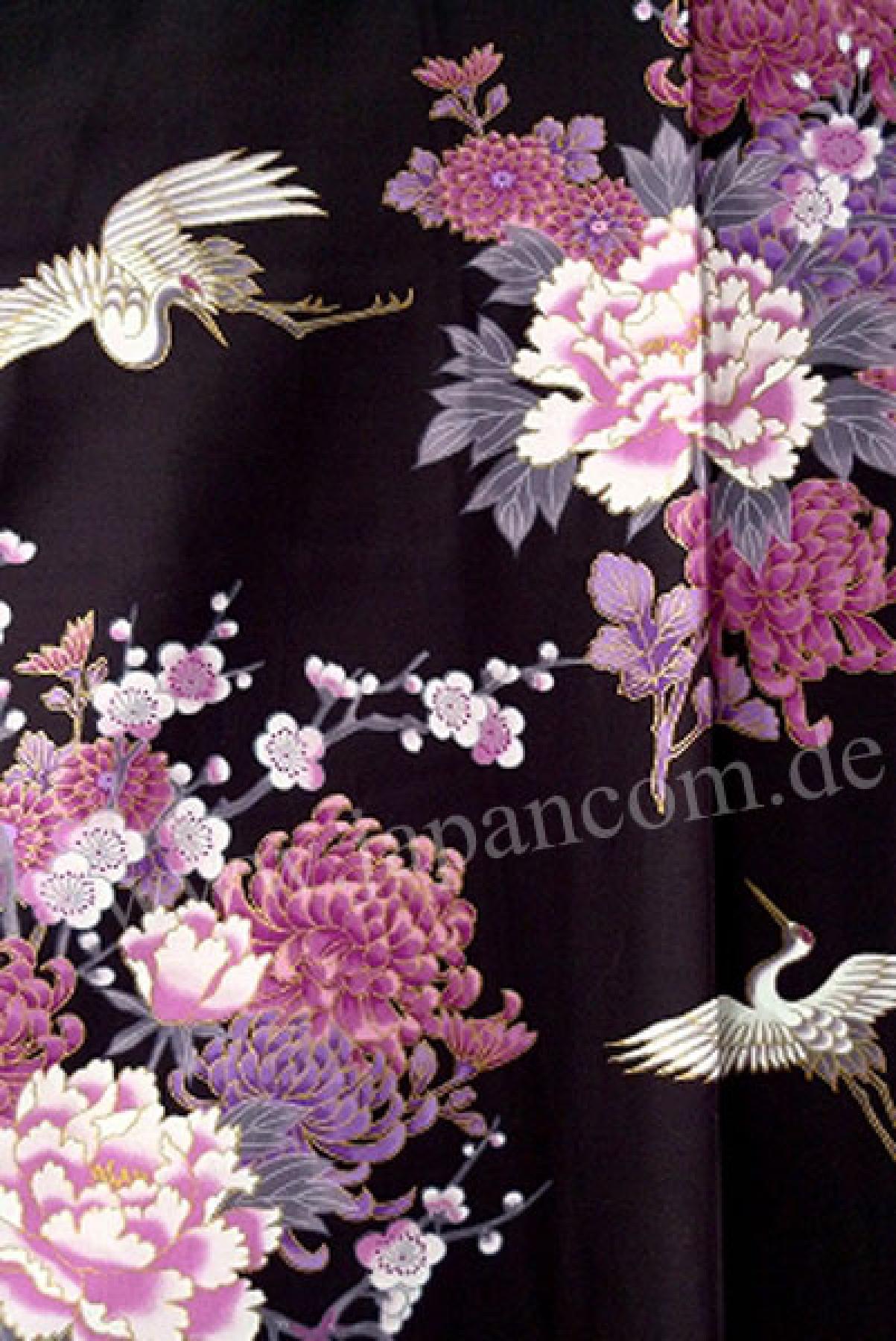 Bademantel Kimono Fliegender Kranich schwarz kurz Baumwollsatin