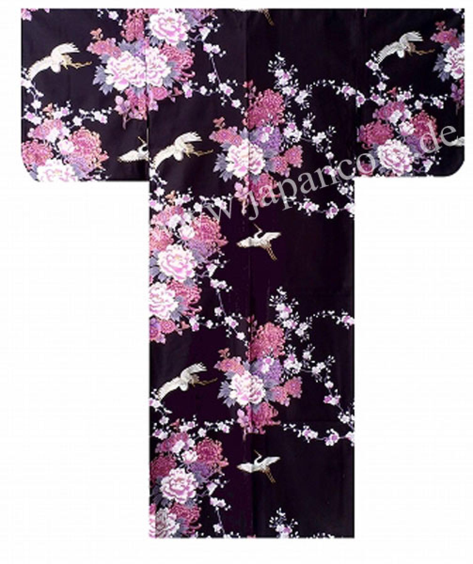 Damen Kimono Fliegender Kranich schwarz Baumwollsatin