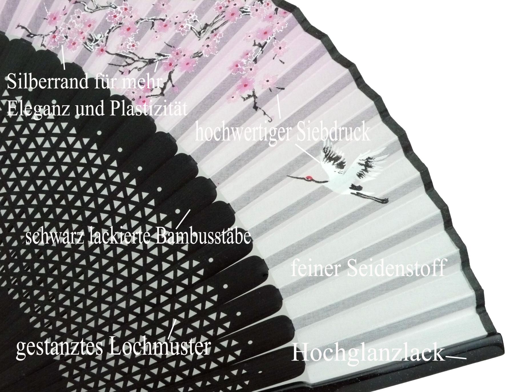 Seidenfächer Kraniche und Kirschblüten Detail