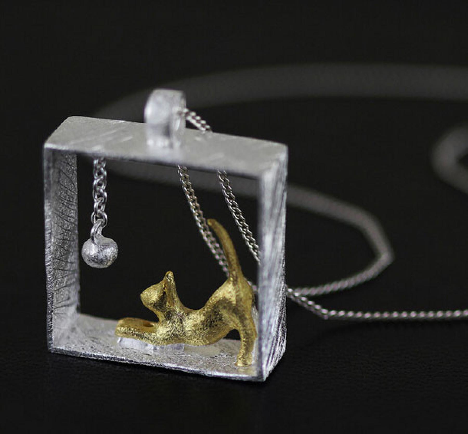 925er Silber Kette GOLDENE KATZE mit BALL