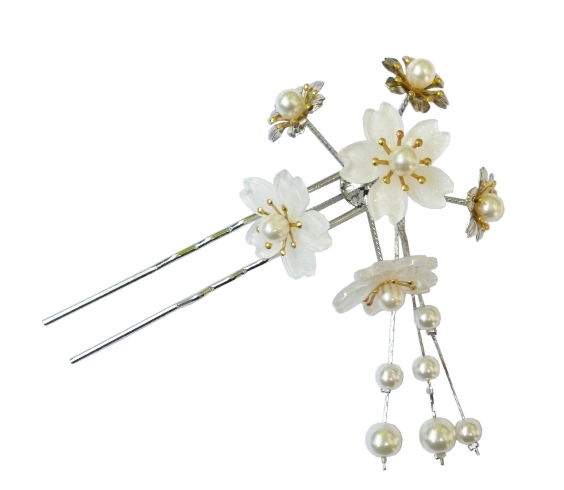 Kanzashi Haarnadel Sakura weiss U-Form