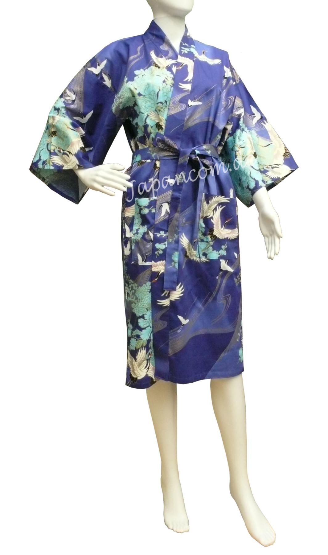 Kurzer royalblauer Happi Kimono mit Kranichmotiv