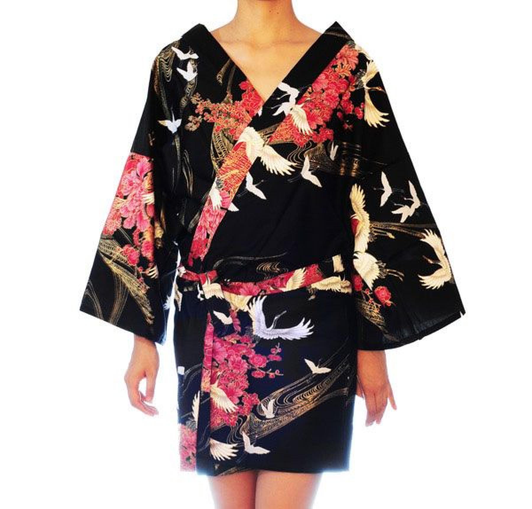 Happi Kimono Tsuru (Kranich) schwarz knielang
