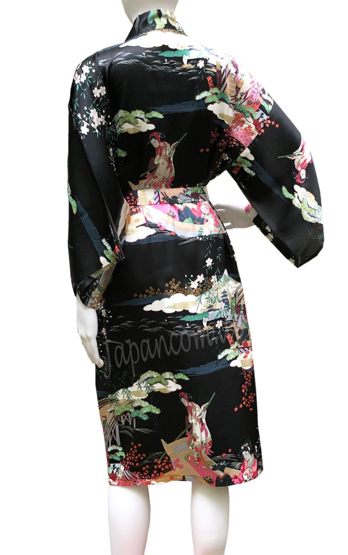 Seidenkimono Ukiyoe schwarz kurz