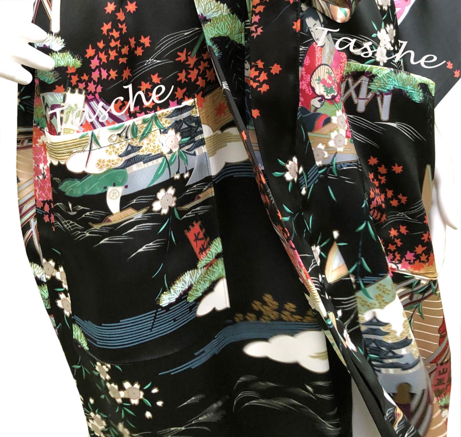 Seidenkimono Ukiyoe schwarz kurz