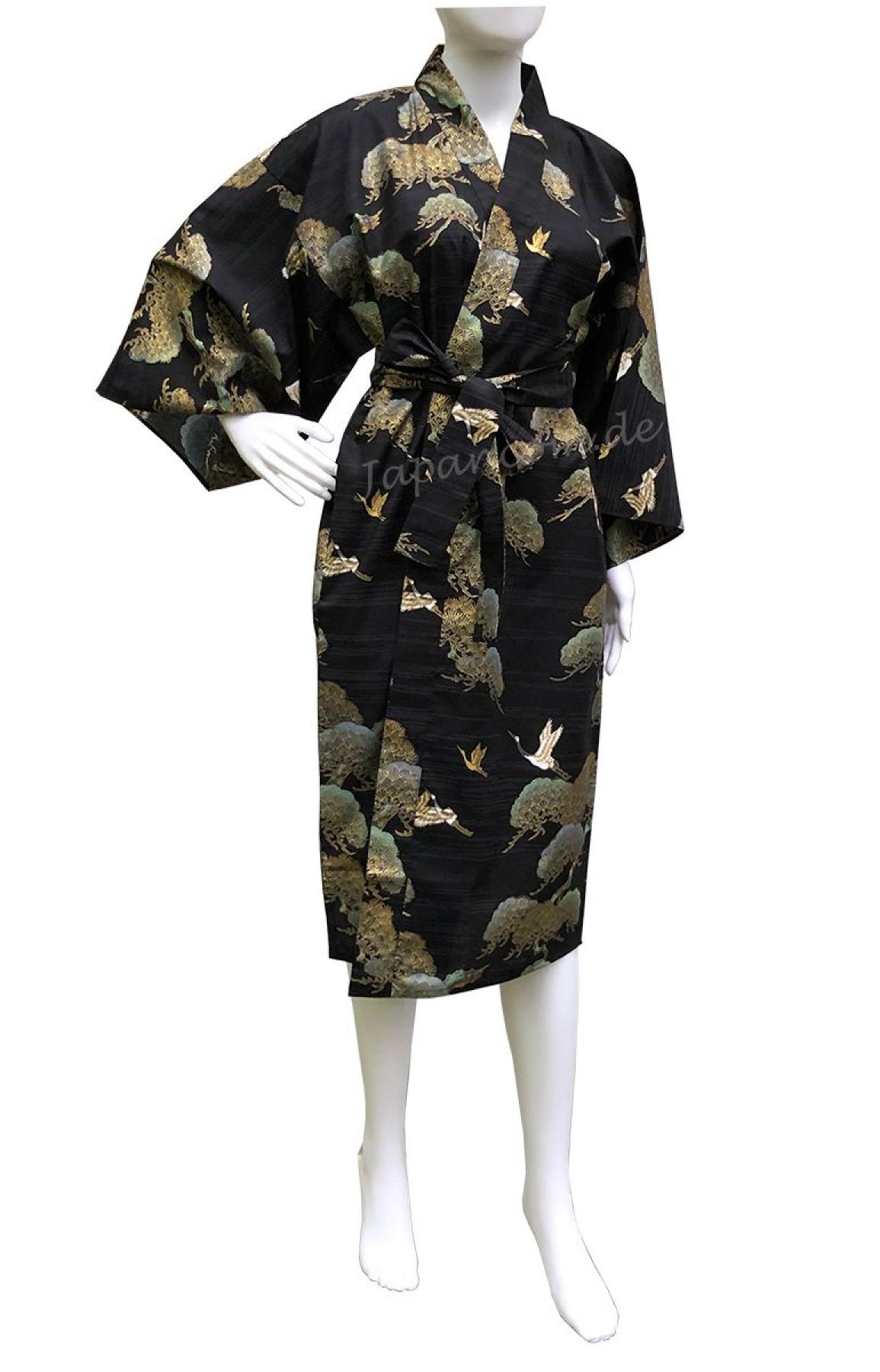Damen / Herren Kimono Kraniche Kiefern schwarz knielang