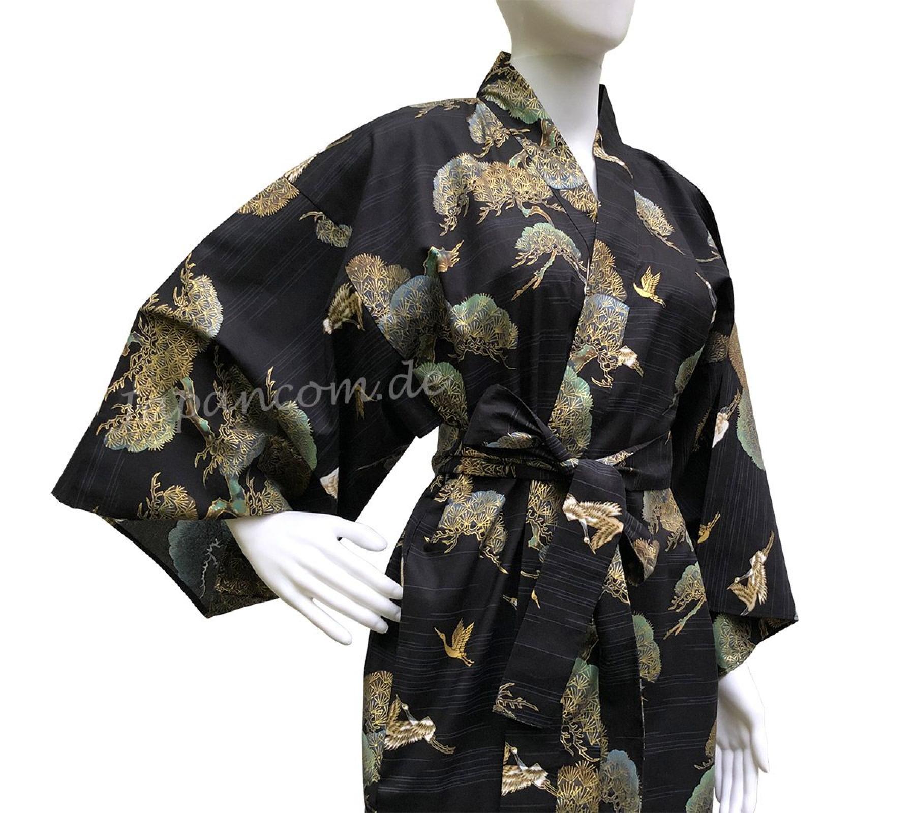 Damen / Herren Kimono Kraniche Kiefern schwarz knielang
