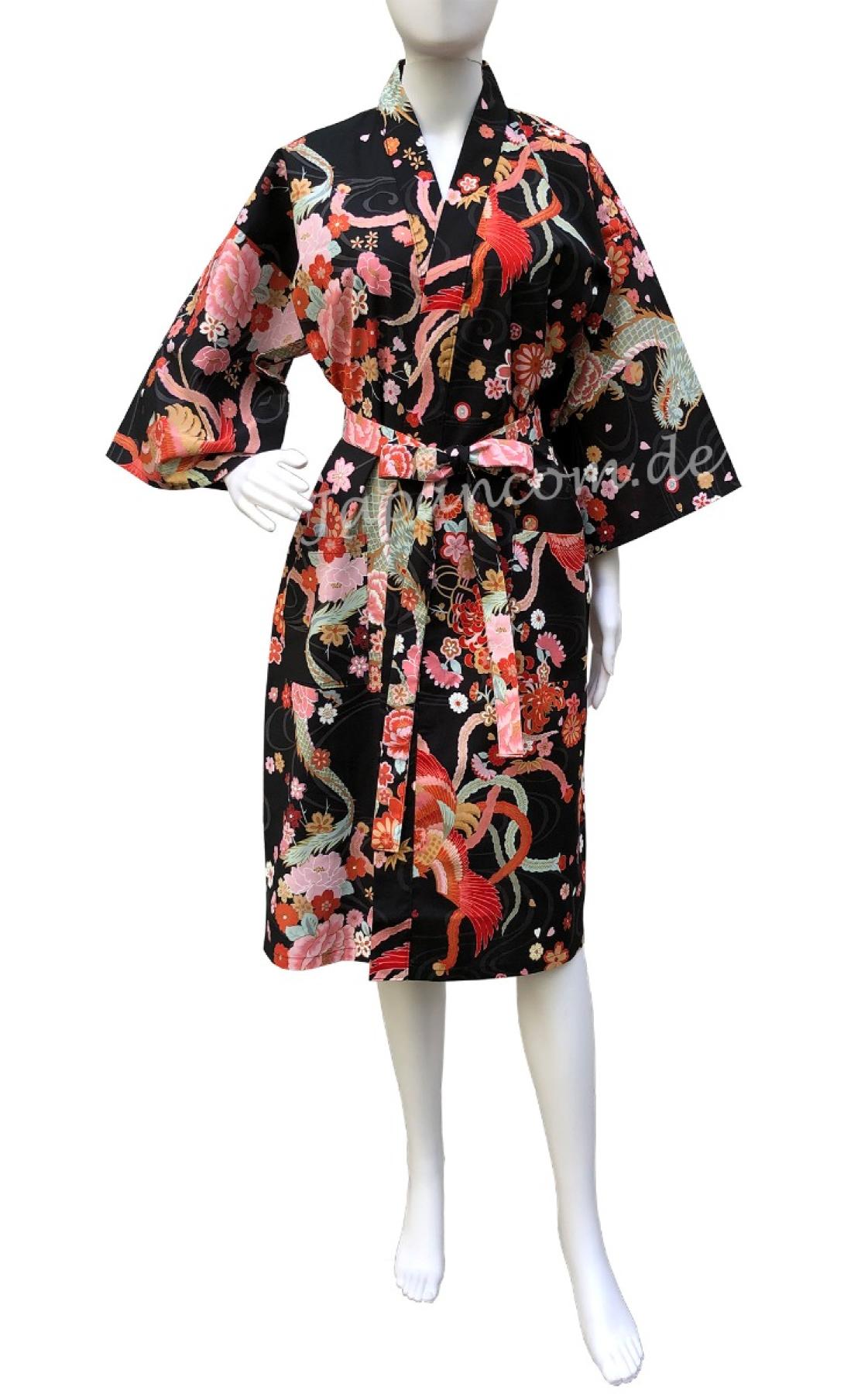 Damen Bademantel Kimono Drachen Phönix schwarz
