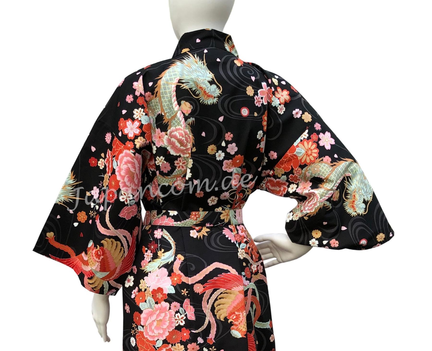 Damen Bademantel Kimono Drachen Phönix schwarz