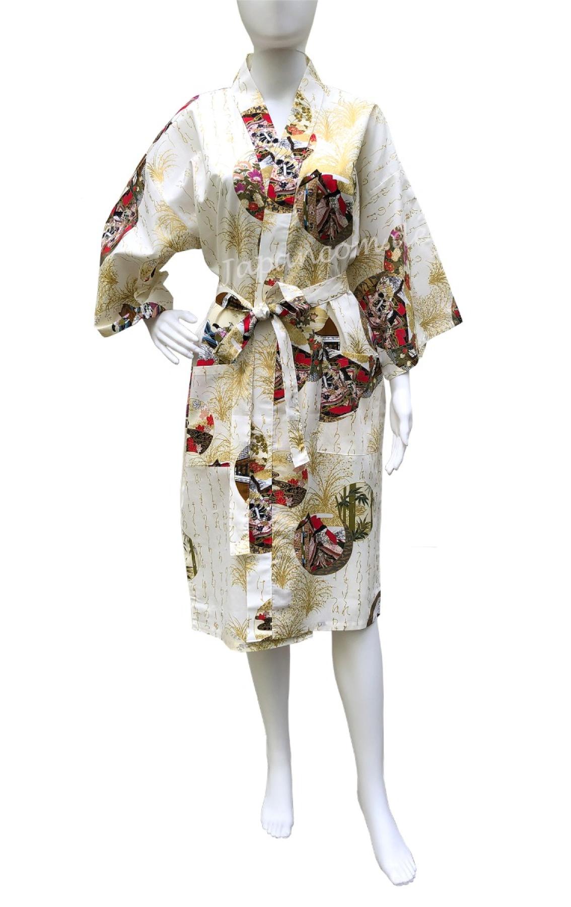 Weißer Baumwollkimono mit Hofdamen im Ukiyo-e-Stil, knielang