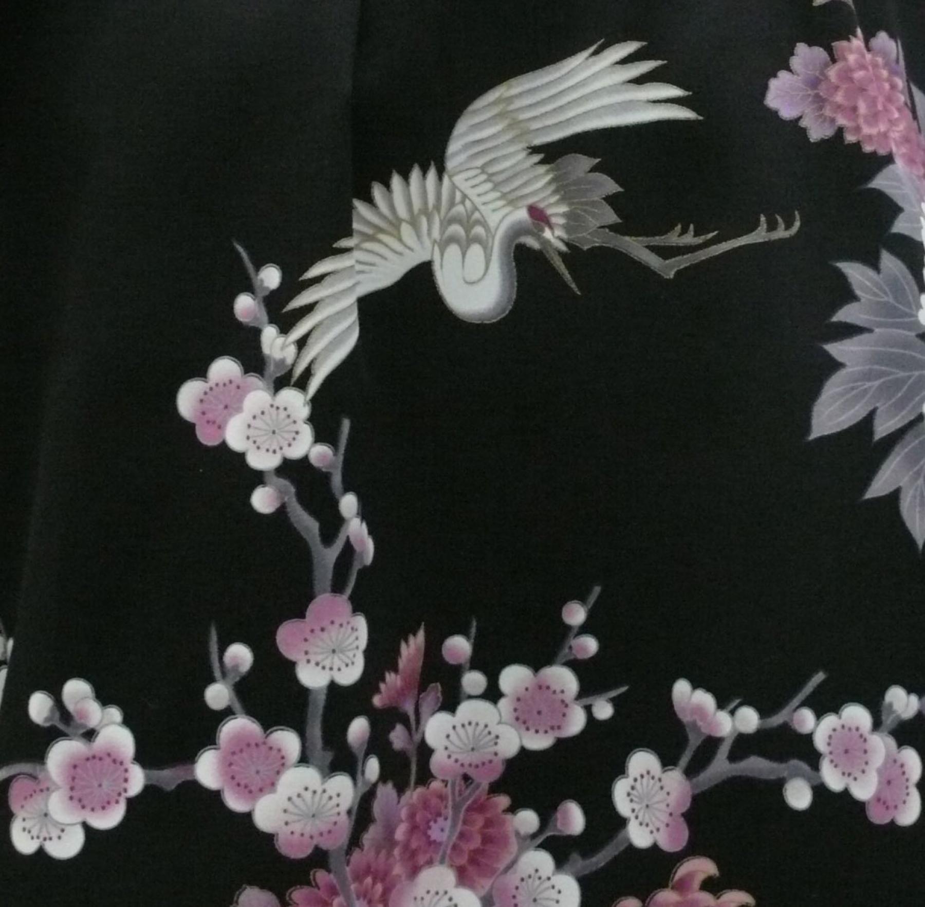 Bademantel Kimono Fliegender Kranich schwarz kurz Baumwollsatin