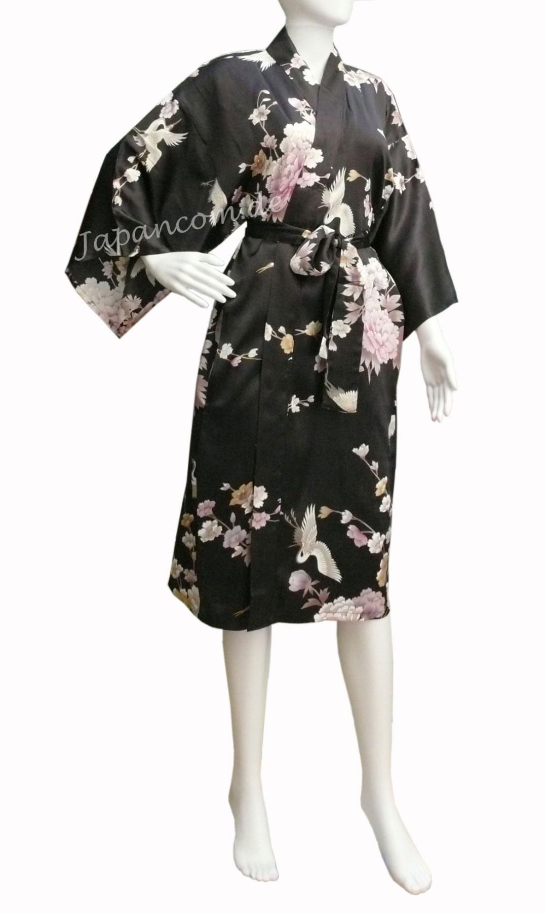 Schwarzer Damen-Seidenkimono aus Maulbeerseide mit Kranichen und Päonien