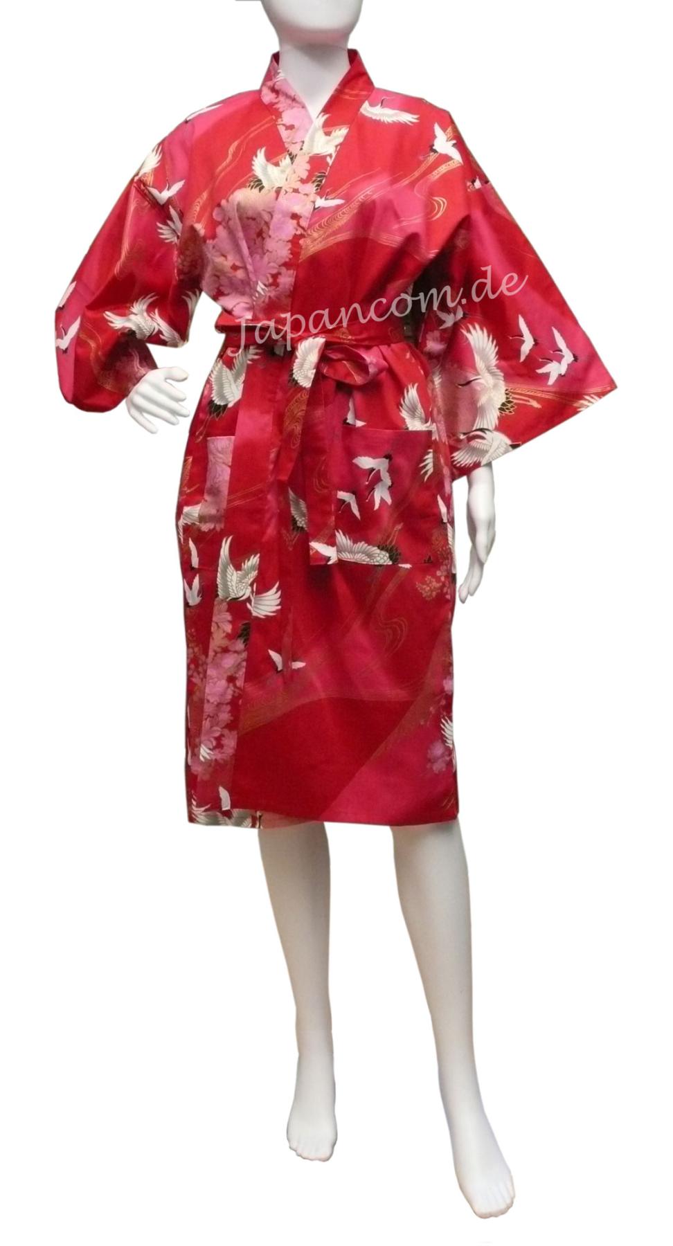 Kurzer roter Happi Kimono mit Kranichmotiv