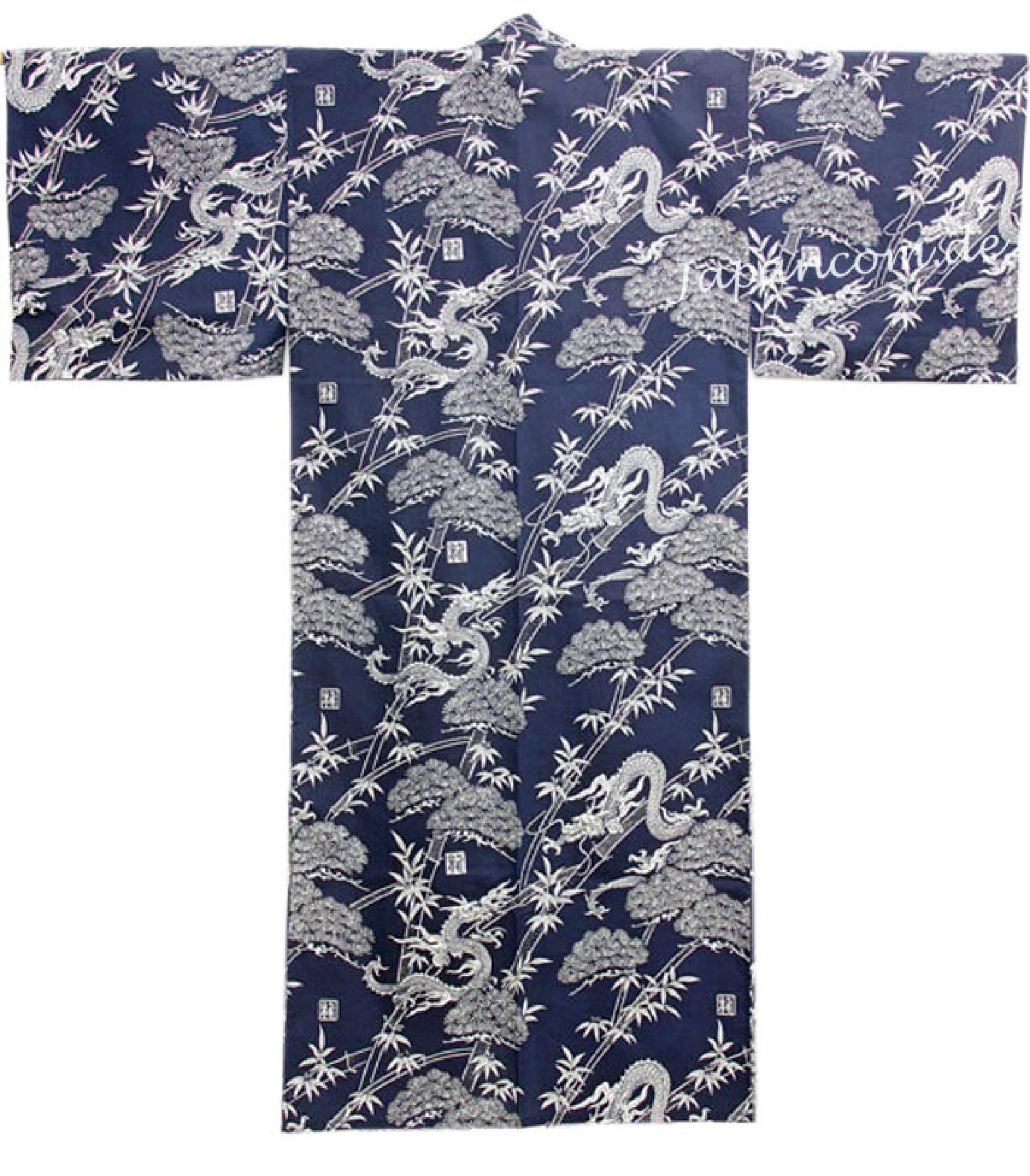 Traditionelle halbgeschlossene Kimonoärmel bei Herren Yukata Drachen blau