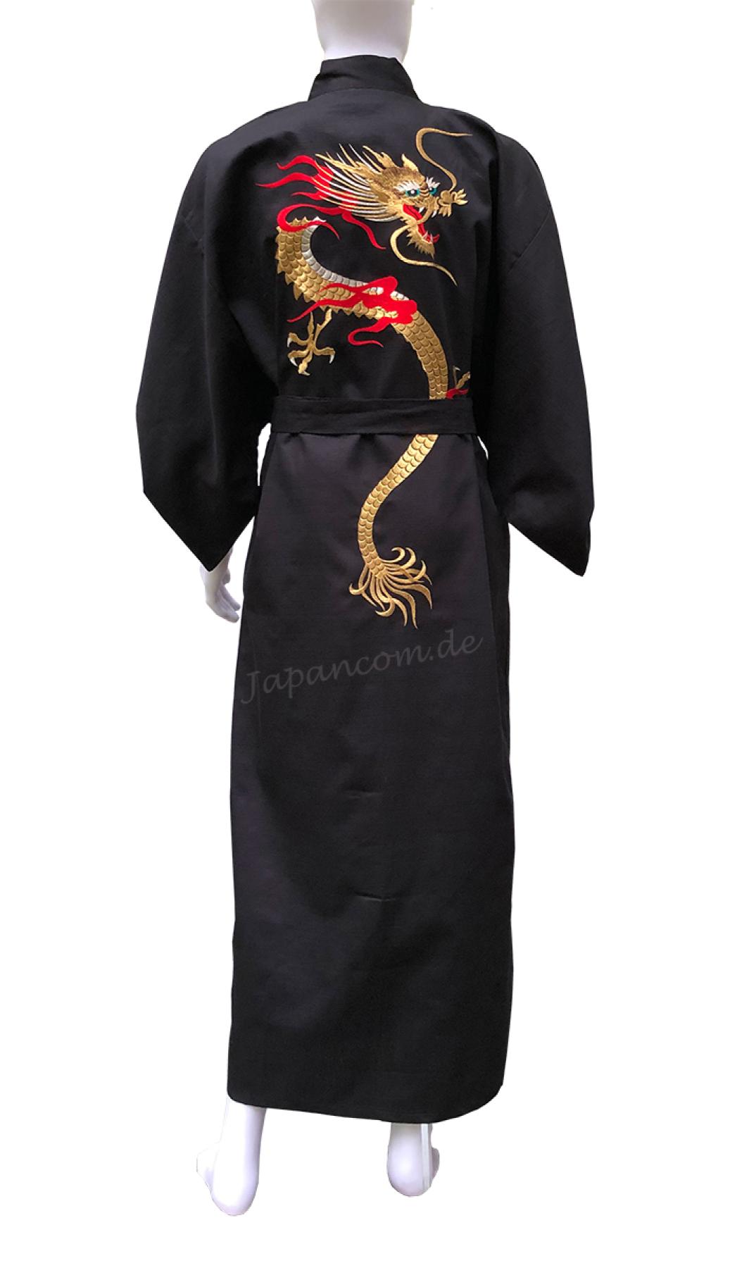 Herren Kimono Hausmantel Goldener Drachen Tsumugi schwarz