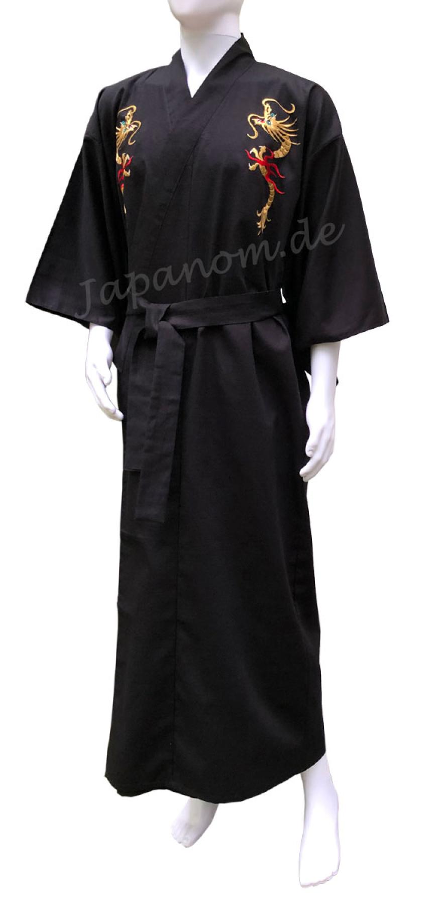Schwarzer Kimono mit gesticktem goldfarbenem Drachen