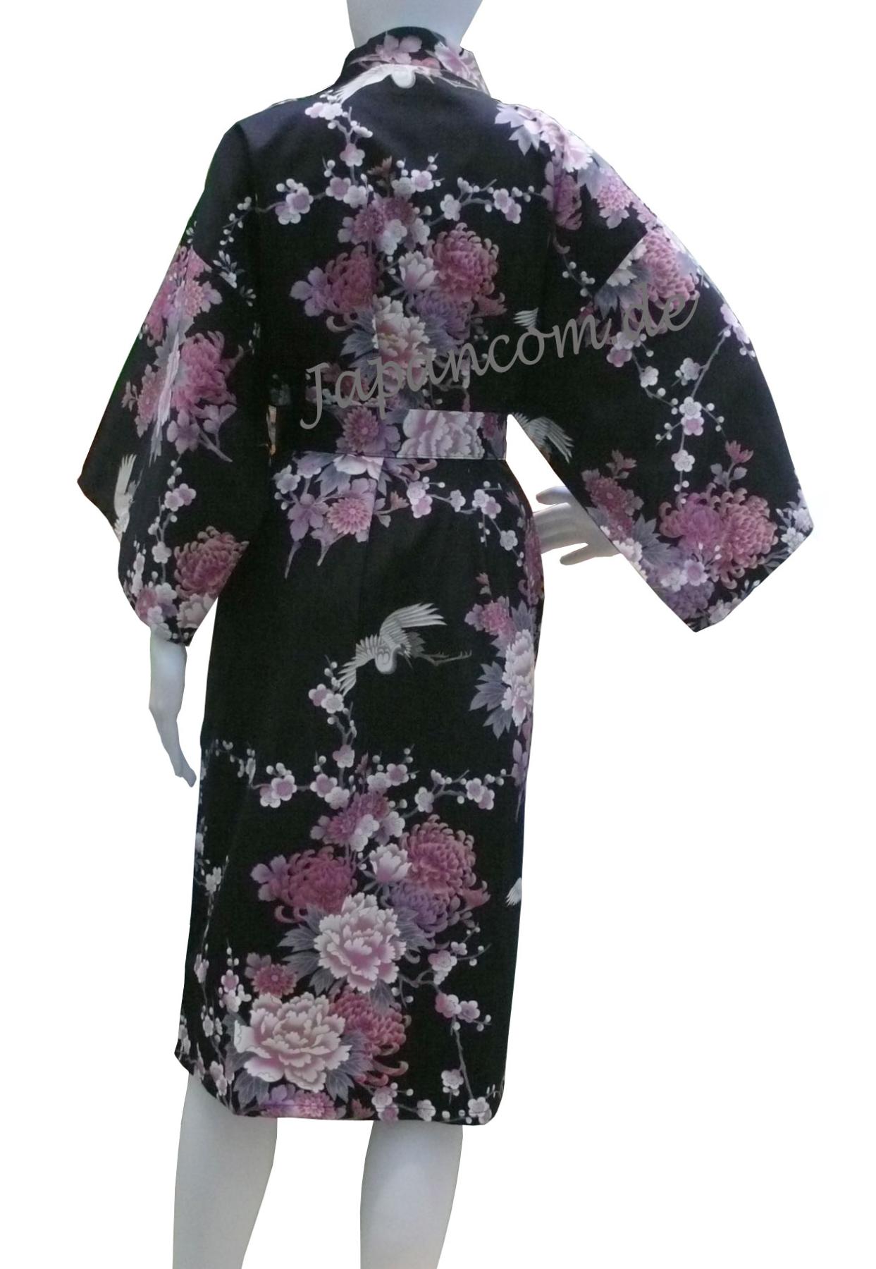 Bademantel Kimono Fliegender Kranich schwarz kurz Baumwollsatin