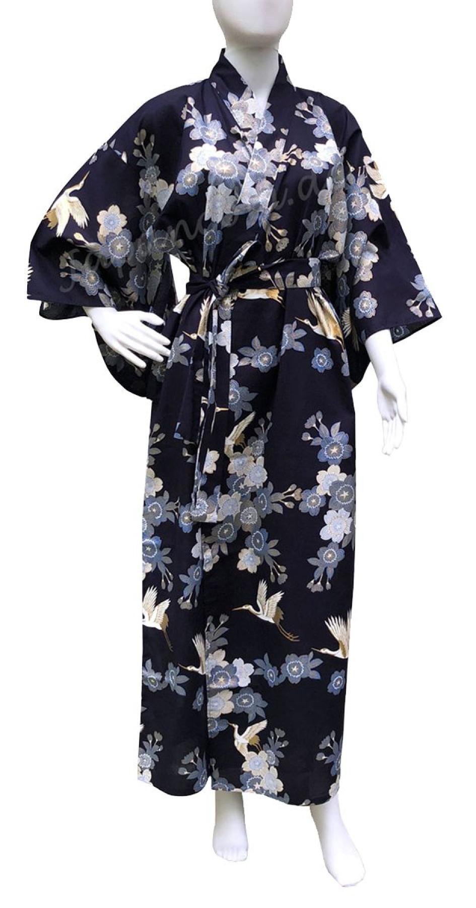 Damen Yukata Kimono Kirschblüten und Kraniche dunkelblau