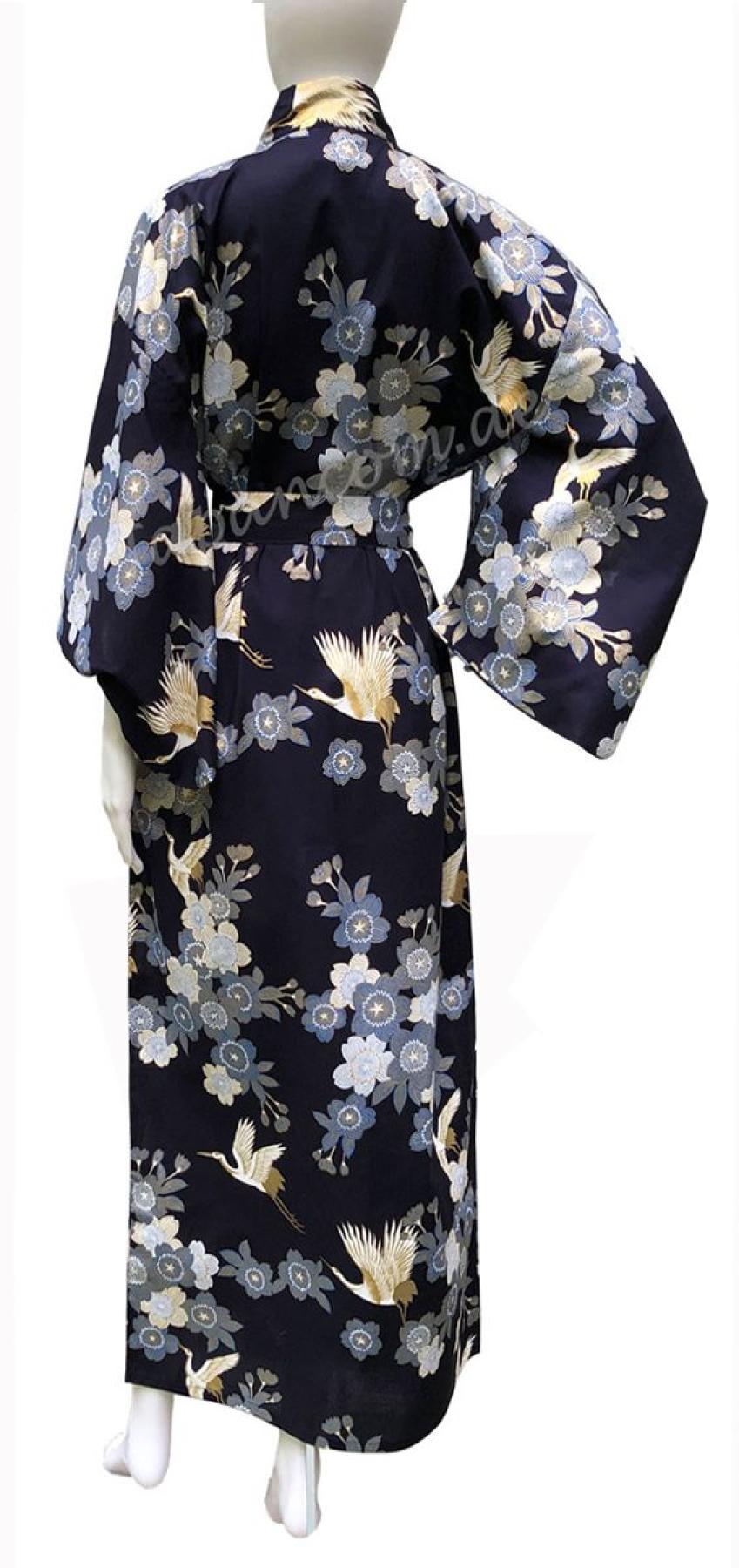 Damen Yukata Kimono Kirschblüten und Kraniche dunkelblau