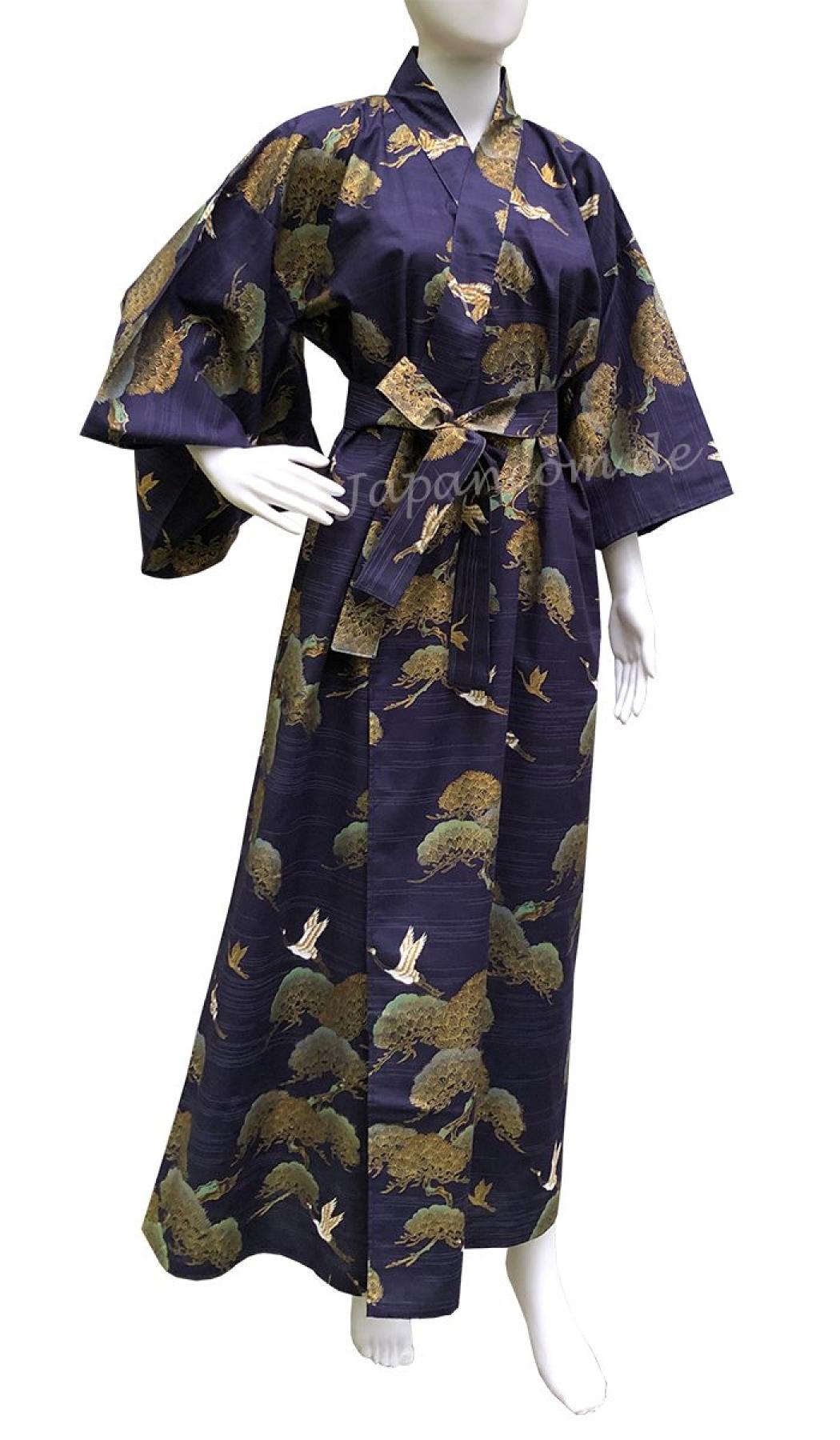 Kimono Kraniche und Kiefern dunkelblau
