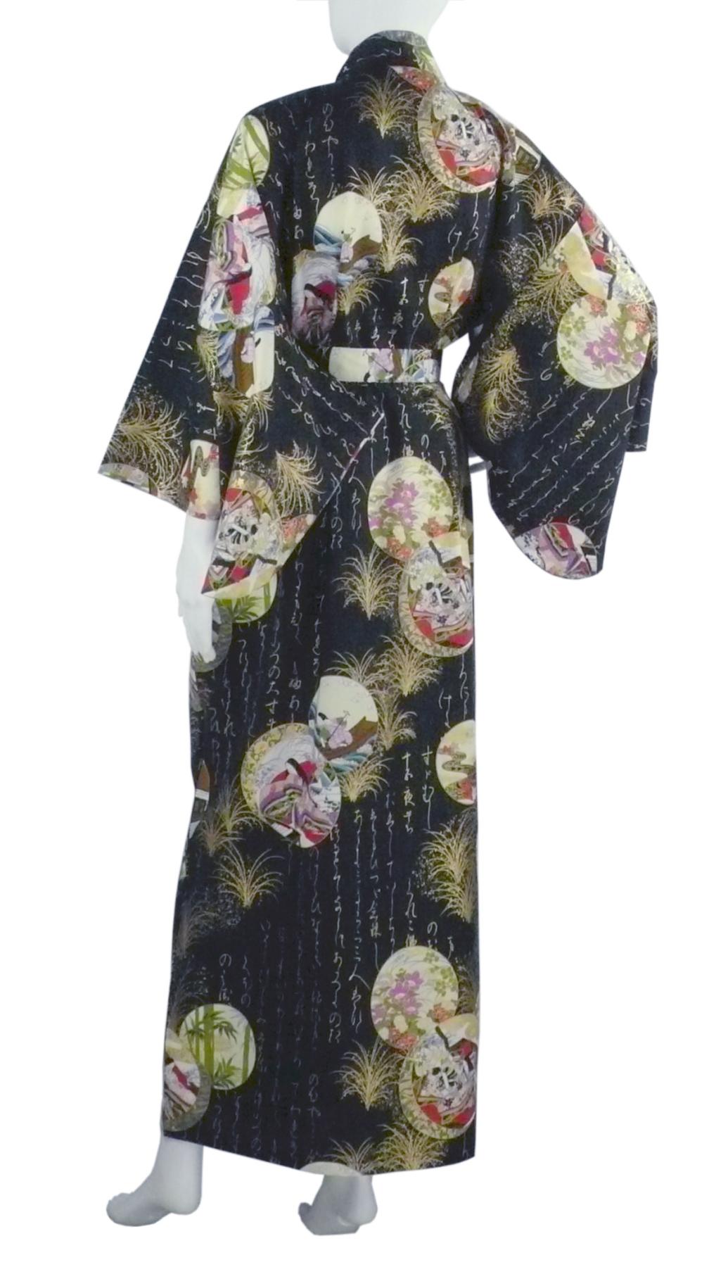 Schwarzer Damenkimono mit Szenen aus dem Prinzen Genji