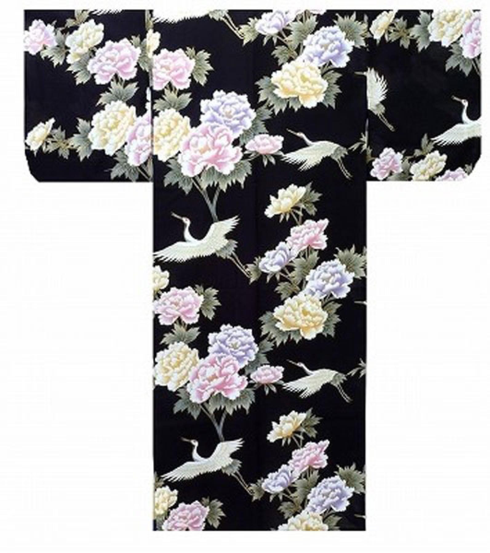Schwarzer Baumwollkimono mit goldfarbenem Kranich- und Blumenmotiv