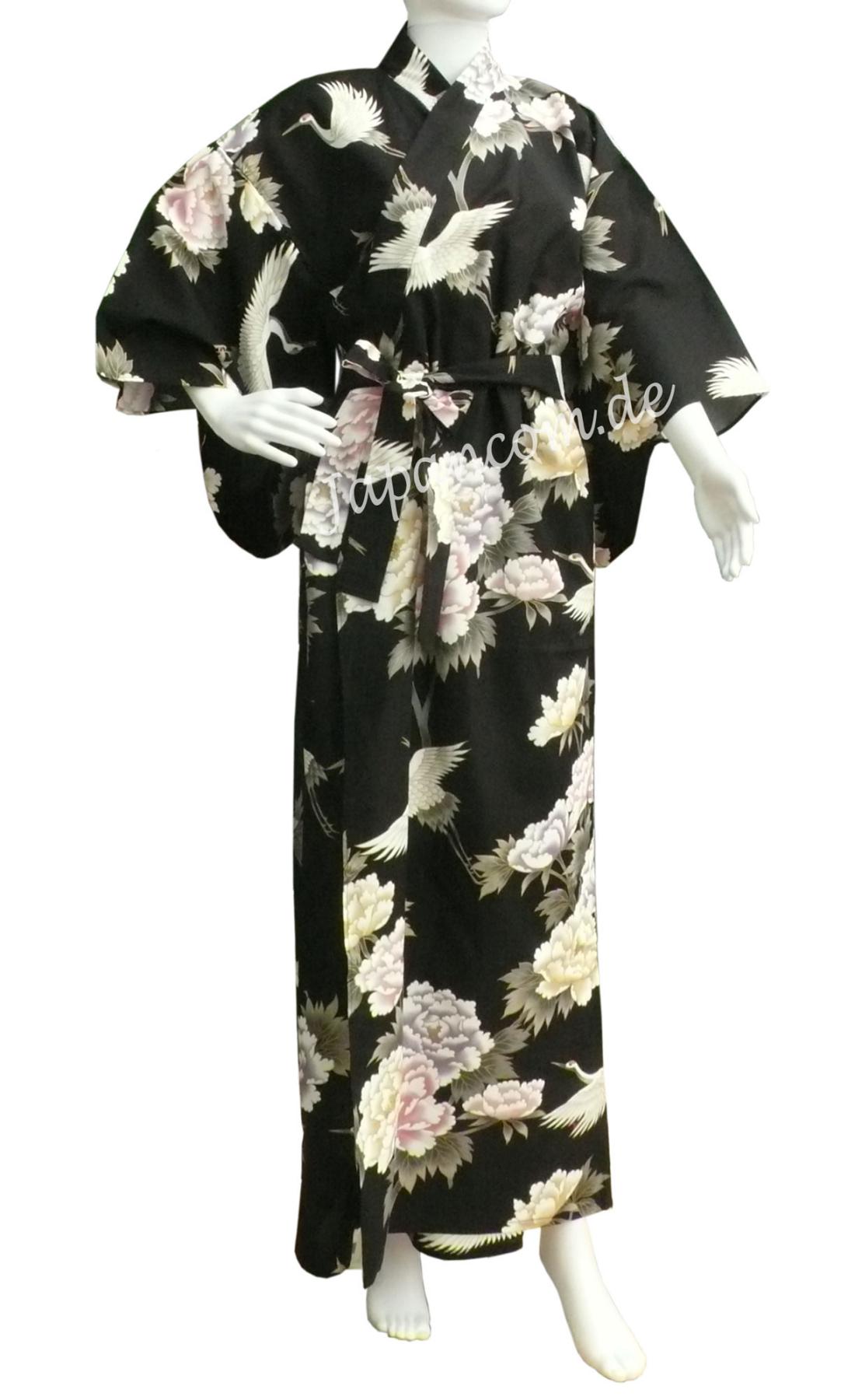Damen Kimono Royal Cranes schwarz, lang, Baumwolle