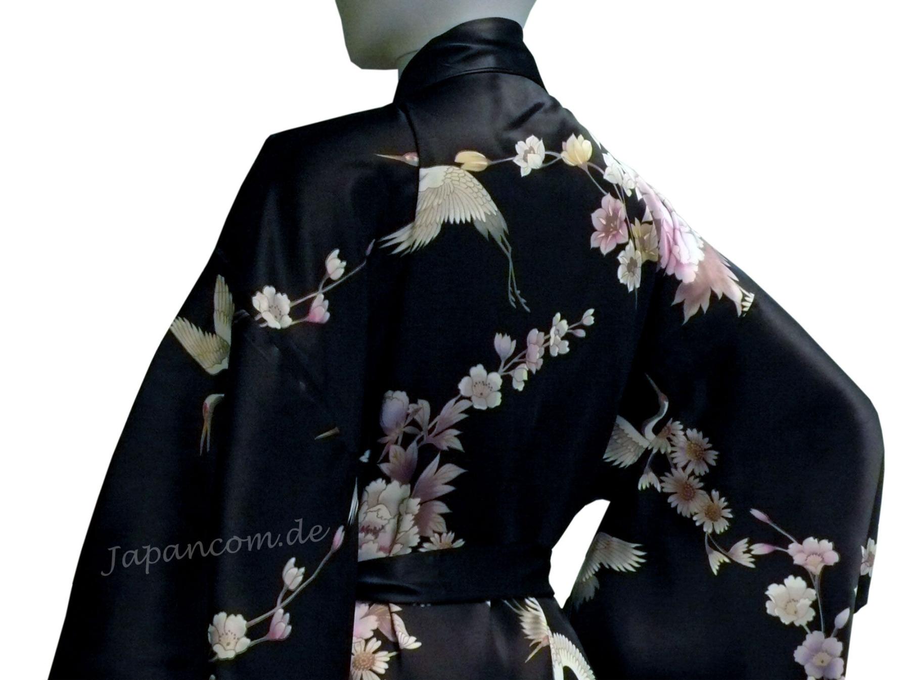 Damen Kimono Seide Royal Cranes schwarz, lang