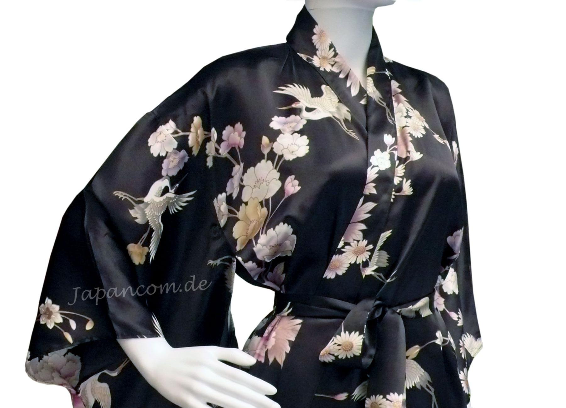 Damen Kimono Seide Royal Cranes schwarz, lang