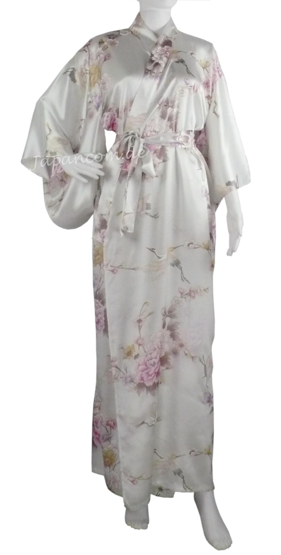 Langer Seidenkimono mit goldenen Kranichen und Pfingstrosen
