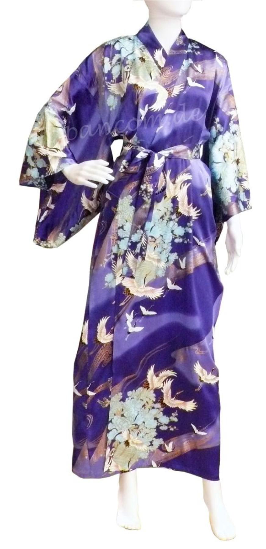 Damen Seiden Kimono Tsuru royalblau, lang
